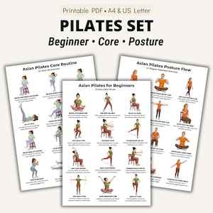 Puede incluir: Un conjunto de Pilates con tres guías PDF imprimibles. Las guías incluyen ejercicios para principiantes, core y postura. Cada guía presenta ilustraciones de ejercicios con instrucciones. El texto incluye "Pilates asiático" y nombres de ejercicios.