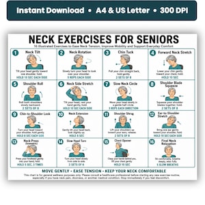 May include: A digital chart titled NECK EXERCISES FOR SENIORS featuring 16 numbered illustrations of a person performing neck and shoulder movements. Each box includes a title, instructions, and repetition counts for exercises like neck tilts and rolls.