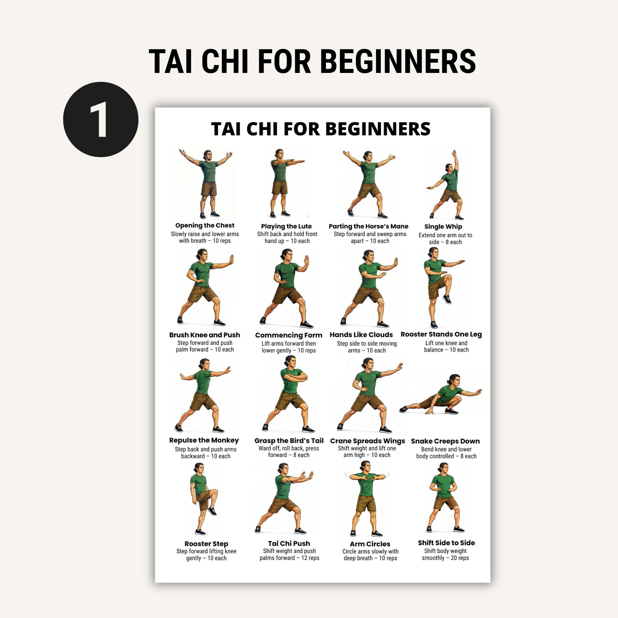 Beginner Tai Chi Printable Chart Bundle, Tai Chi for Beginners, Morning ...