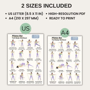 May include: A Pilates Bar full-body workout guide in two sizes: US Letter (8.5 x 11 in) and A4 (210 x 297 mm). The printable PDF features illustrated exercises with instructions. Includes exercises like squats, lunges, and twists.