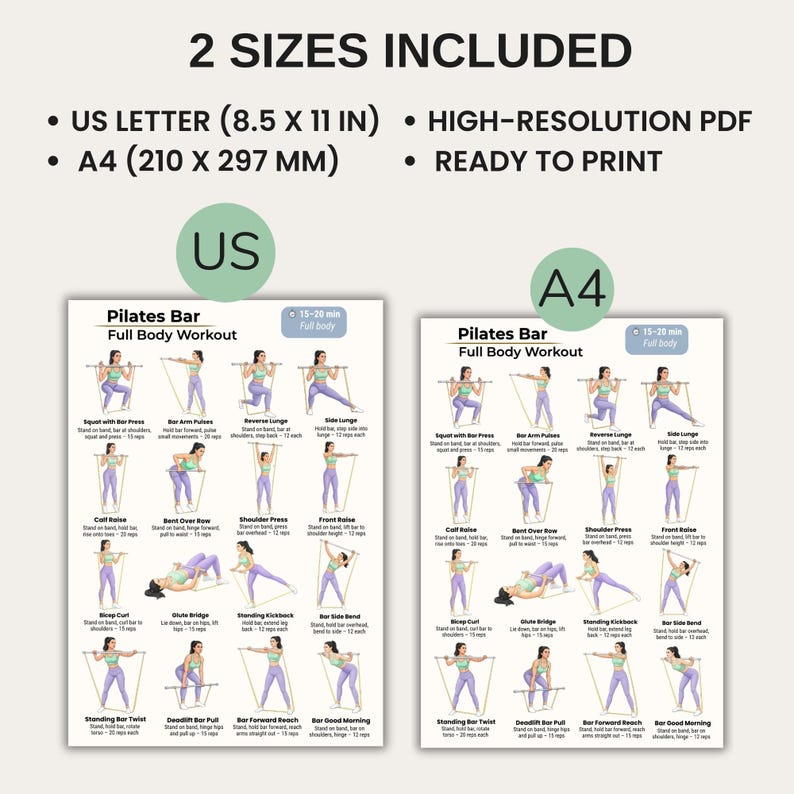 May include: A Pilates Bar full-body workout guide in two sizes: US Letter (8.5 x 11 in) and A4 (210 x 297 mm). The printable PDF features illustrated exercises with instructions. Includes exercises like squats, lunges, and twists.