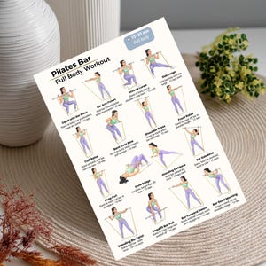 May include: A Pilates Bar Full Body Workout chart with illustrations of various exercises. The chart includes exercises like squats, lunges, and rows, with instructions and rep counts. The color scheme is primarily purple and green.