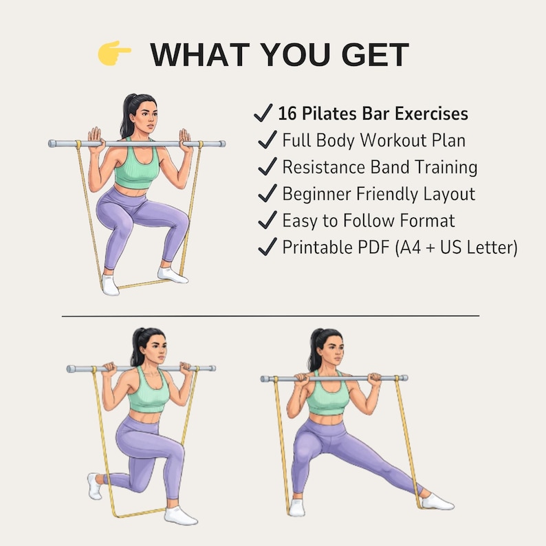 May include: An illustration shows a woman performing Pilates bar exercises with a resistance band. The image includes the text "WHAT YOU GET" and lists features such as "16 Pilates Bar Exercises" and "Printable PDF (A4 + US Letter)". The woman is wearing a green top and purple leggings.