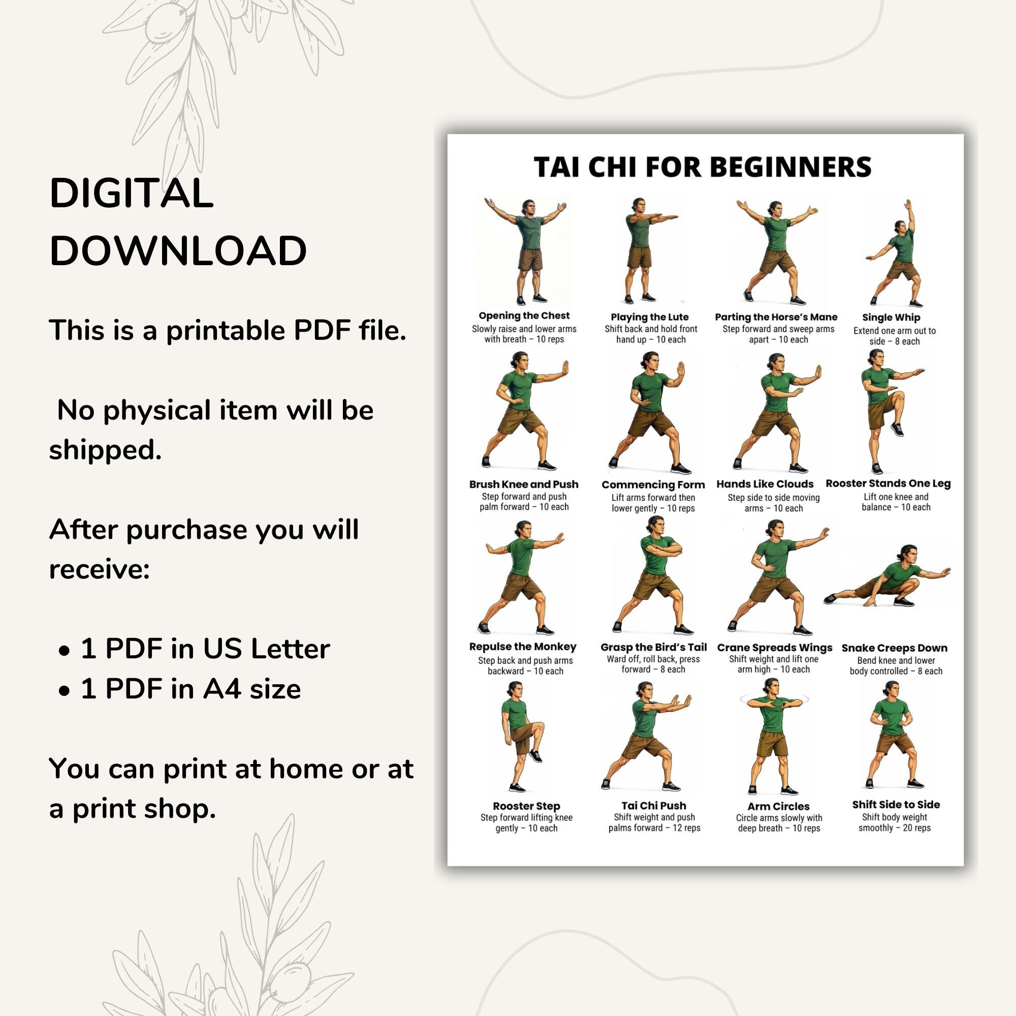 Tai Chi for Beginners Printable Chart, Step by Step Tai Chi Forms, Tai ...