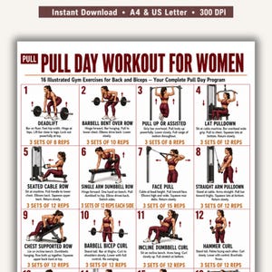 Pull Day Workout for Women Printable Chart, 16 Gym Exercises Back and Biceps PDF, Push Pull Legs Program, Home Gym Workout Poster