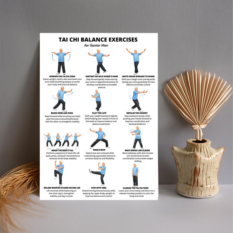 Tai Chi Balance Exercises for Senior Men Printable Chart, 12 Tai Chi ...