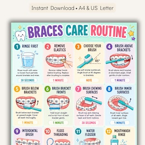 Puede incluir: Una colorida infografía titulada "Braces Care Routine" con 12 pasos para limpiar los dientes con brackets. Los pasos incluyen enjuagar, quitar las gomas, cepillarse, usar hilo dental y usar enjuague bucal. Descarga instantánea.