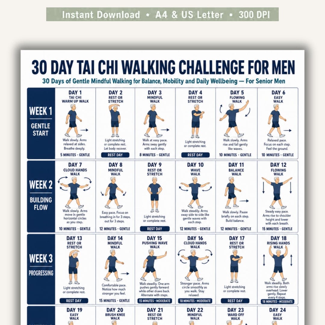 30 Day Tai Chi Walking Challenge for Senior Men Printable, Gentle ...