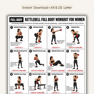 May include: A white instructional poster titled Kettlebell Full Body Workout for Women featuring 12 numbered illustrations of exercises with red kettlebells, descriptive text, and set instructions for weights between 4-12 kg and 8-25 lbs.