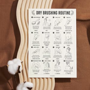 May include: A white and black printed guide titled "DRY BRUSHING ROUTINE" with illustrations and instructions. The guide is on a light brown wooden surface, with a cotton plant in the lower left corner.