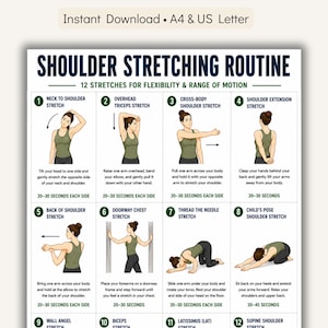 以下が含まれることがあります： 「SHOULDER STRETCHING ROUTINE」と題された白と緑のインフォグラフィック。柔軟性と可動域のための12種類のストレッチが紹介されています。各ストレッチは、エクササイズを実演する人物のイラストと、指示と時間の推奨事項が添えられています。