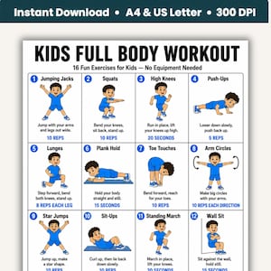 Könnte beinhalten: Ein weißes Informationsplakat mit dem Titel KIDS FULL BODY WORKOUT, das 12 nummerierte Illustrationen einer Comicfigur in blauem T-Shirt und Shorts zeigt, die verschiedene Übungen mit Textanweisungen und Wiederholungszahlen ausführt.