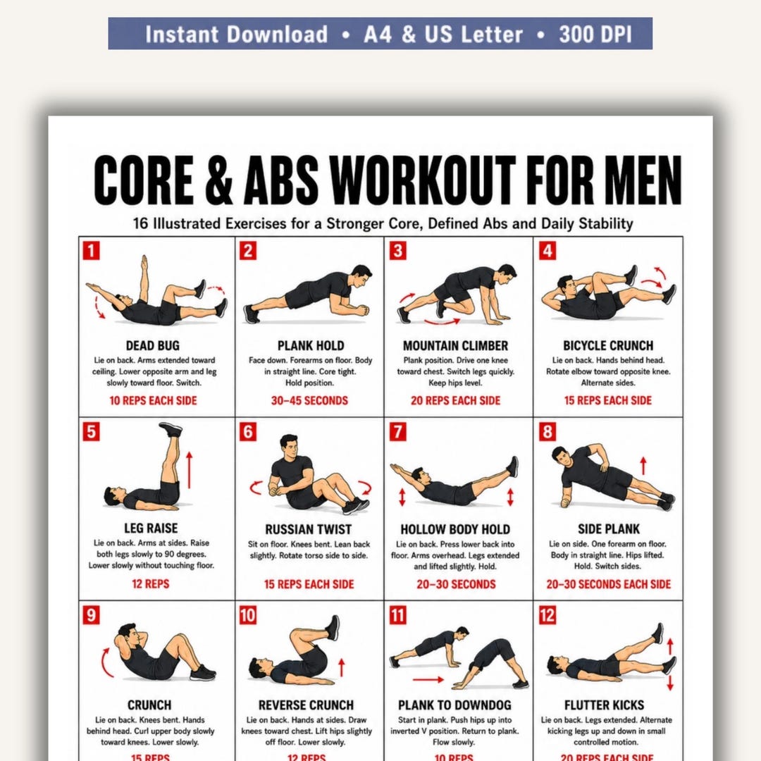 Core and Abs Workout for Men Printable Chart, 16 Illustrated Core ...