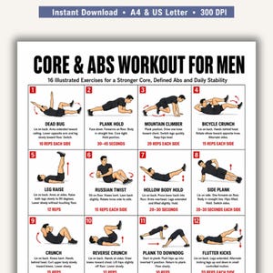 Op de afbeelding: Een afdrukbare trainingsgids getiteld "CORE & ABS WORKOUT FOR MEN" met 16 geïllustreerde oefeningen. De oefeningen omvatten Dead Bug, Plank Hold, Mountain Climber, Bicycle Crunch, Leg Raise, Russian Twist, Hollow Body Hold, Side Plank, Crunch, Reverse Crunch, Plank to Downdog en Flutter Kicks.