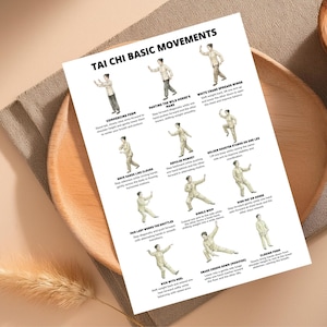May include: A white poster with the title "TAI CHI BASIC MOVEMENTS" and illustrations of various Tai Chi poses. The poster includes text describing each movement, such as "Commencing Form" and "Parting the Wild Horse's Mane."