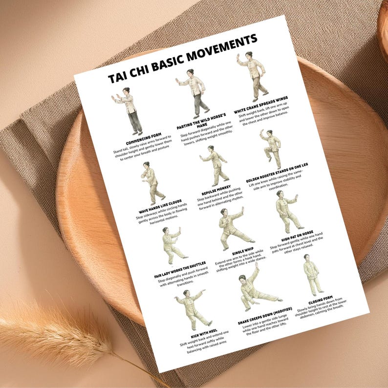 May include: A white poster with the title "TAI CHI BASIC MOVEMENTS" and illustrations of various Tai Chi poses. The poster includes text describing each movement, such as "Commencing Form" and "Parting the Wild Horse's Mane."