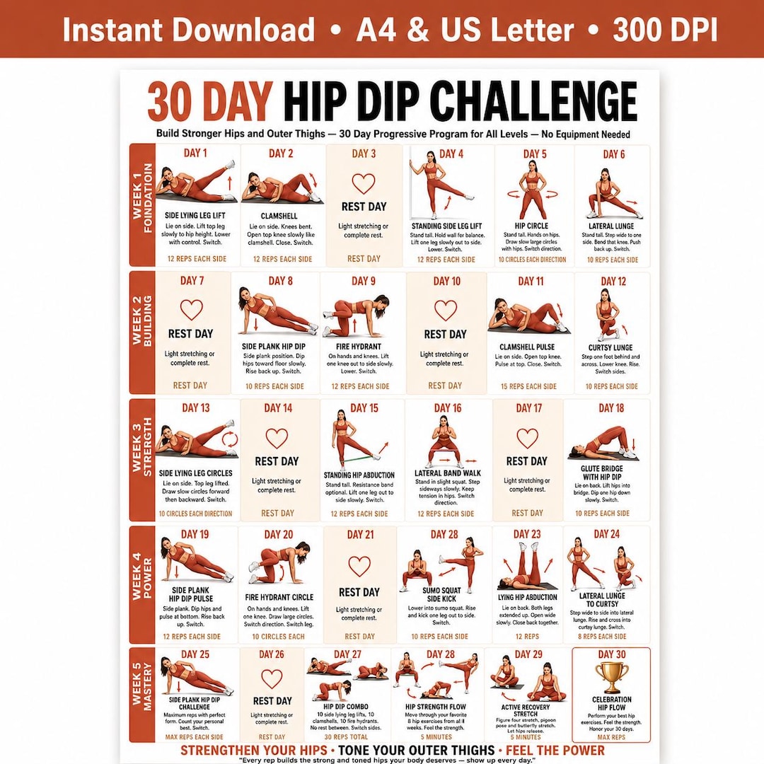 30 Day Hip Dip Challenge Printable Chart, Progressive Hip and Outer ...