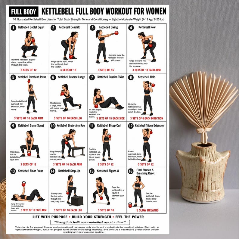 Puede incluir: Un p&oacute;ster instructivo blanco titulado Kettlebell Full Body Workout for Women con 16 ilustraciones numeradas de ejercicios con pesas rusas rojas, junto a un jarr&oacute;n de cer&aacute;mica beige que contiene una hoja de palma seca en forma de abanico.