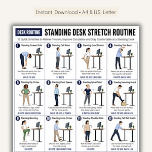 May include: A digital poster titled Standing Desk Stretch Routine featuring 12 numbered illustrations of individuals performing various stretches. The text includes instructions for each exercise, such as Standing Forward Fold and Standing Calf Raise.