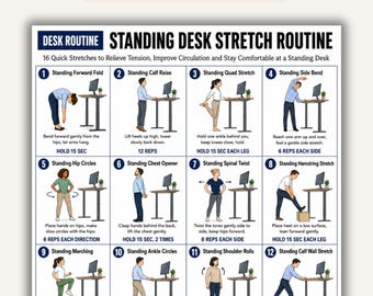 Standing Desk Stretch Routine, Office Standing Exercises, Full Body Workplace Stretching Chart, Desk Workout Printable PDF