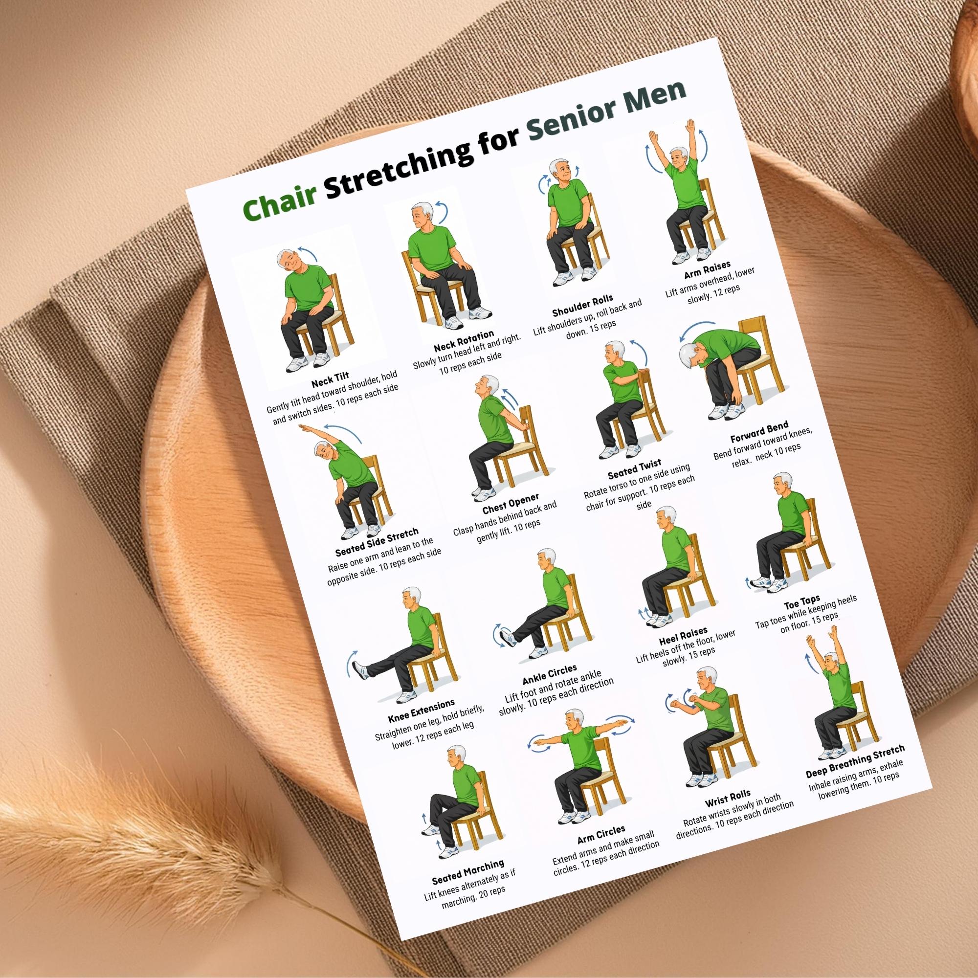 Mobility And Stretching Routine Chart.pdf Chair Stretching Exercises for Senior Men Printable PDF, Seated Stretch ...