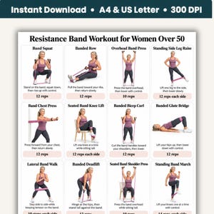 Puede incluir: Una tabla de ejercicios digital titulada Resistance Band Workout for Women Over 50, que presenta doce ejercicios ilustrados con bandas de resistencia rosas. Cada panel incluye una figura que demuestra el movimiento, texto descriptivo y repeticiones.