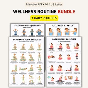 May include: A wellness routine bundle with 4 daily routines, including Tai Chi self-massage, full-body stretches, lymphatic flow exercises, and vagus nerve exercises. The printable PDF is available in A4 and US Letter sizes. The image includes illustrations of various exercises.