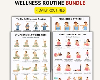 Wellness Routine Bundle Printable PDF, Vagus Nerve Exercises, Lymphatic Flow, Tai Chi Massage, Full Body Stretch Charts