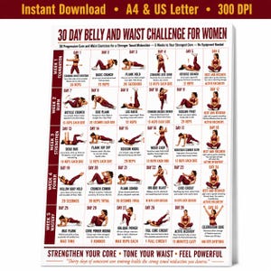 May include: A 30-day belly and waist challenge chart featuring 30 daily exercise illustrations with instructions and repetition counts. The white poster includes dark red text and graphics organized into five weekly sections for core training.