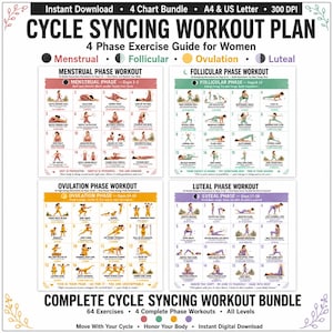 May include: A digital cycle syncing workout plan bundle featuring four distinct exercise charts for the menstrual, follicular, ovulation, and luteal phases. Each chart includes sixteen illustrated movements with text labels, phase names, and duration instructions.