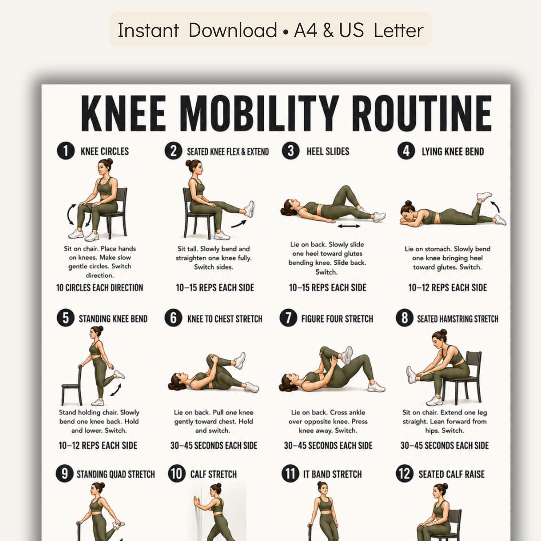 Knee Mobility Routine Printable Chart, 16 Gentle Movements for Flexible ...