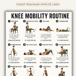 May include: A printable KNEE MOBILITY ROUTINE guide with 12 illustrated exercises. The guide includes instructions for each exercise, such as knee circles, heel slides, and seated hamstring stretch. The text "Instant Download" is at the top.