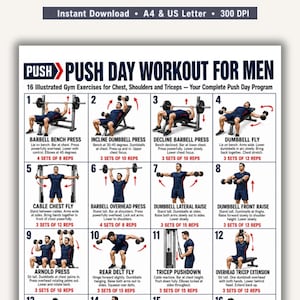 May include: A white workout poster titled PUSH DAY WORKOUT FOR MEN featuring 12 numbered illustrations of gym exercises for chest, shoulders, and triceps. Each section includes a figure demonstrating the movement with text instructions and set counts.