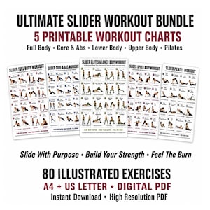 Peut inclure: Un ensemble numérique de 5 tableaux d'entraînement imprimables comprenant 80 exercices illustrés pour le corps entier, les abdos, le bas et le haut du corps, et le pilates. Les fiches blanches présentent du texte noir et des schémas rouges.