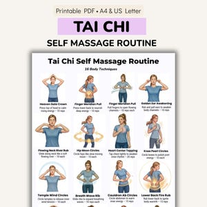Tai Chi self massage routine printable showing energy flow exercises and gentle movement chart for daily practice