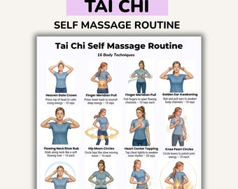 Afdrukbare tai chi-zelfmassageroutine, trainingsschema energiestroom, routine voor zachte bewegingen, dagelijkse rekoefeningen pdf