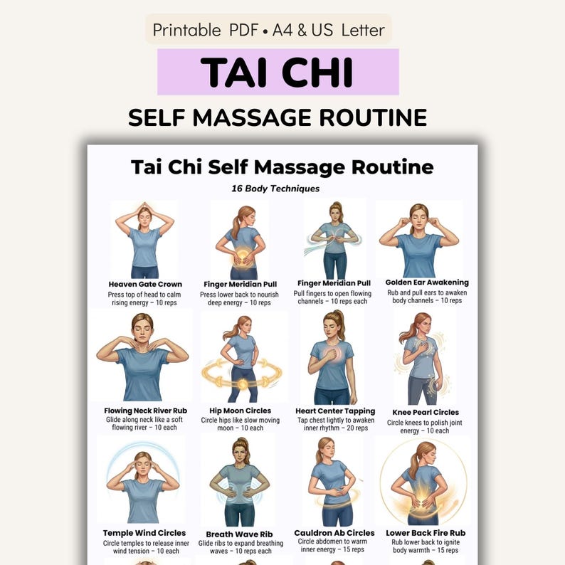 Tai Chi self massage routine printable showing energy flow exercises and gentle movement chart for daily practice