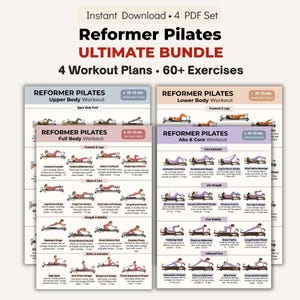 May include: A digital download bundle of Reformer Pilates workout plans. The image displays four PDF guides with various exercises for upper body, lower body, full body, and abs & core workouts. Each plan is designed for 20-25 minutes and includes 60+ exercises.