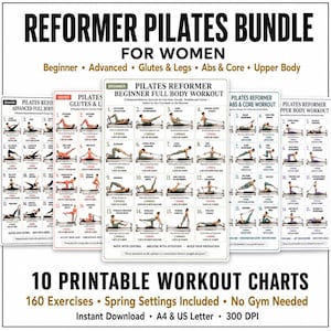 May include: A digital bundle of 10 printable workout charts featuring 160 Reformer Pilates exercises. The charts include text labels for Beginner, Advanced, Glutes & Legs, Abs & Core, and Upper Body routines, with illustrations of movements and spring settings.