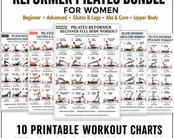Reformer Pilates Trainingspaket, 10 ausdruckbare PDF-Übungspläne, Ganzkörpertraining für Gesäß, Bauch, Rumpf, Ober- und Unterkörper, Trainingsanleitung für das Heimstudio