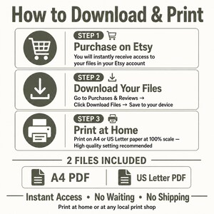 May include: A step-by-step guide titled "How to Download & Print" with instructions for purchasing on Etsy, downloading files, and printing at home. Includes A4 and US Letter PDF file options. Text: Instant Access, No Waiting.