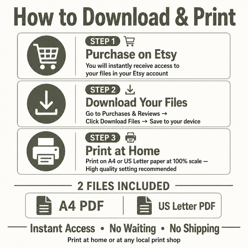 May include: A step-by-step guide titled "How to Download & Print" with instructions for purchasing on Etsy, downloading files, and printing at home. Includes A4 and US Letter PDF file options. Text: Instant Access, No Waiting.