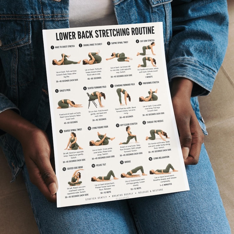 Lower Back Stretching Routine Printable Chart, 16 Gentle Stretches to