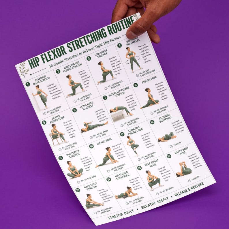 Hip Flexor Stretching Routine Printable Chart, 16 Gentle Stretches to ...