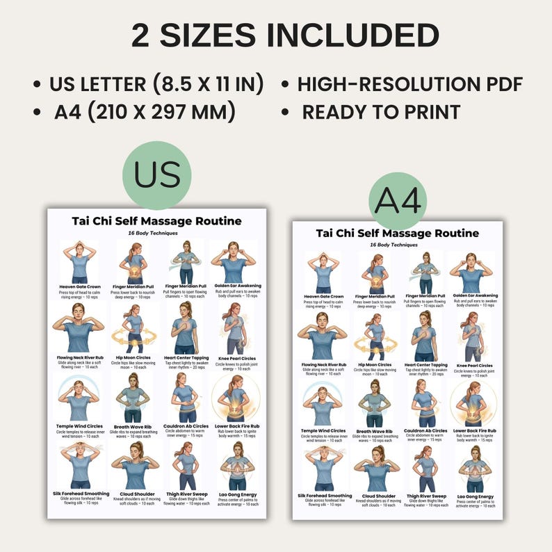 Tai Chi self massage routine printable showing energy flow exercises and gentle movement chart for daily practice