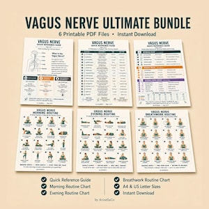 May include: A bundle of six printable PDF files titled "Vagus Nerve Ultimate Bundle." The bundle includes quick reference guides and routine charts for morning, evening, and breathwork practices. The documents are available for instant download in A4 and US letter sizes.