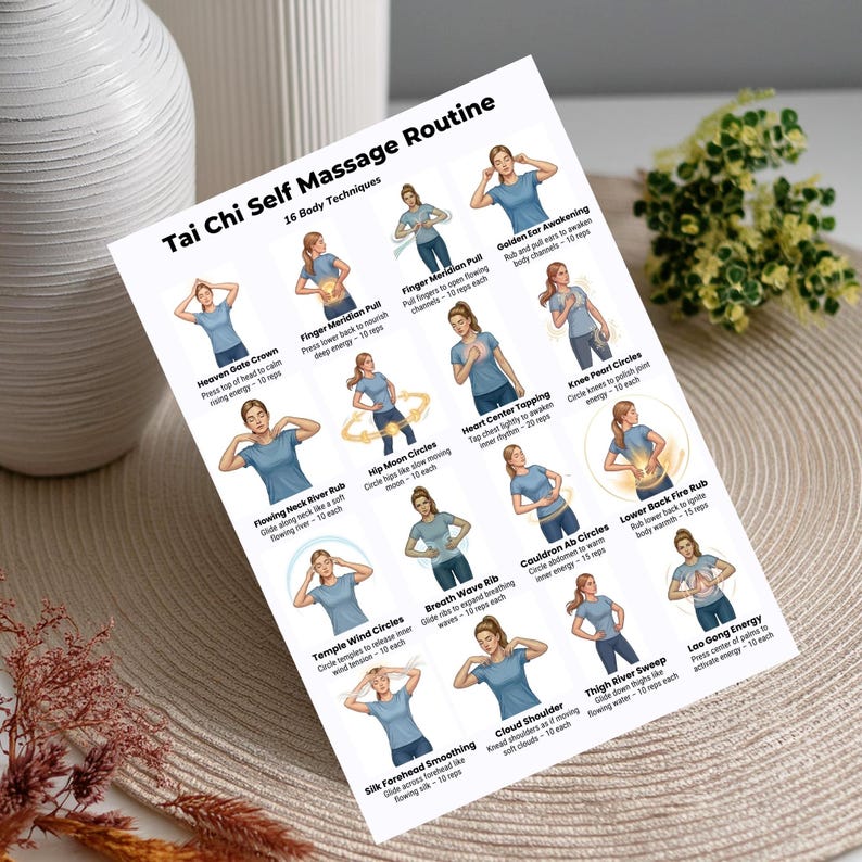 Tai Chi self massage routine printable showing energy flow exercises and gentle movement chart for daily practice