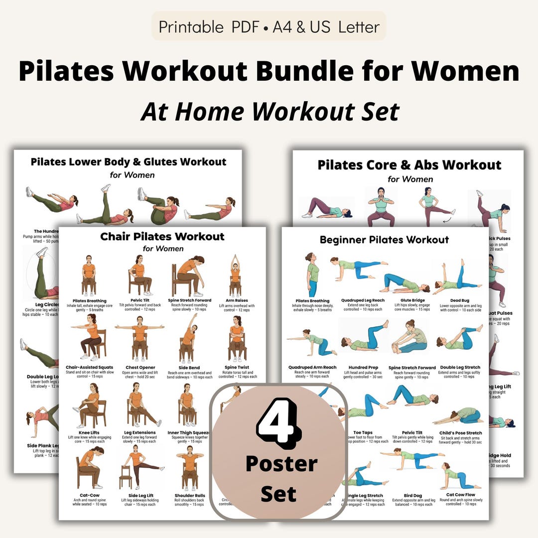 Pilates Workout Bundle for Women Printable Charts, Beginner Chair Core ...