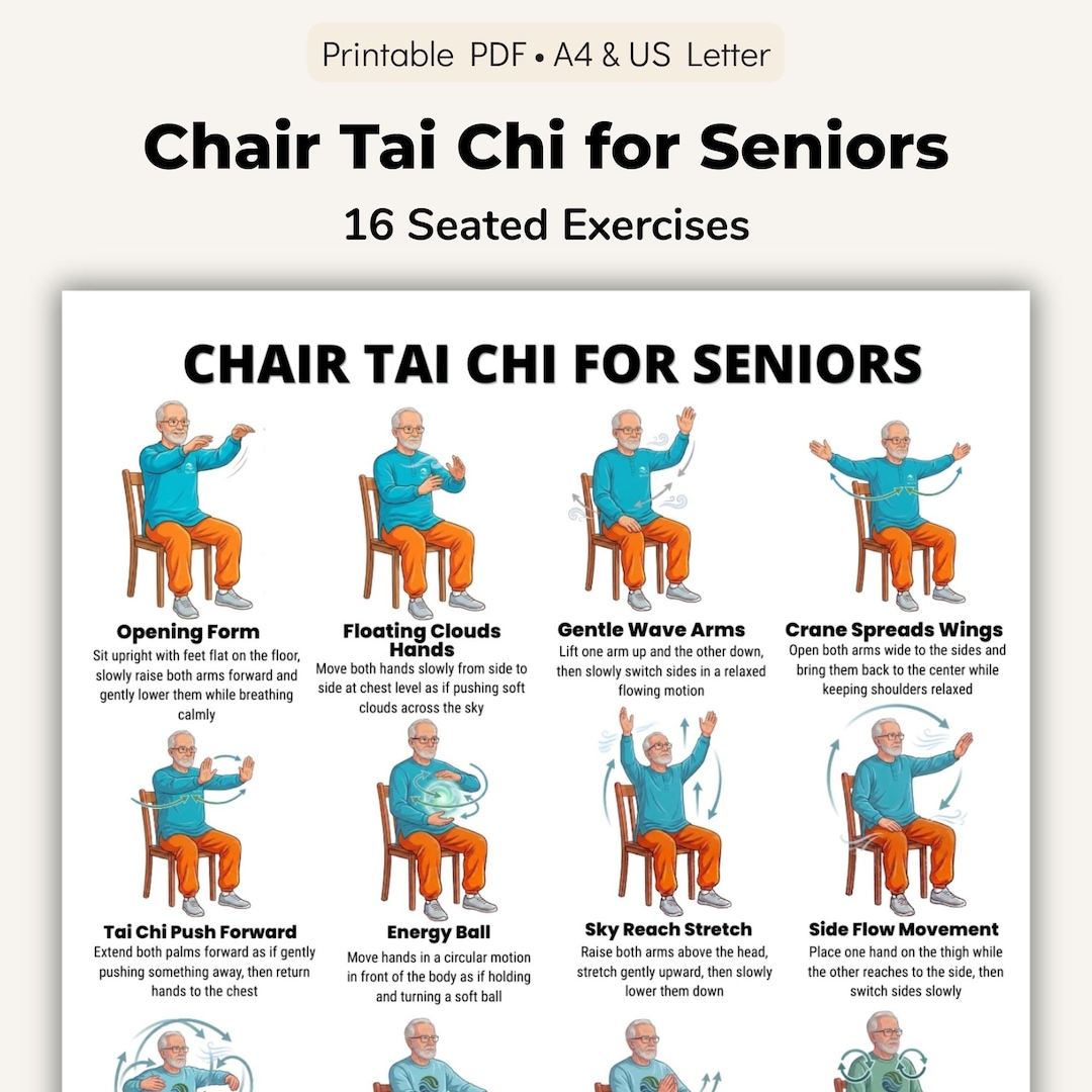 Chair Tai Chi for Seniors Printable Chart, Seated Tai Chi Exercises PDF ...