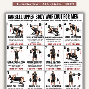 Könnte beinhalten: Ein weißes Lehrplakat mit dem Titel Barbell Upper Body Workout, das 12 nummerierte Übungsillustrationen zeigt. Jeder Abschnitt enthält eine schwarz-weiße Darstellung einer Person mit einer Langhantel, beschreibenden Text und rote Angaben zu Sätzen.